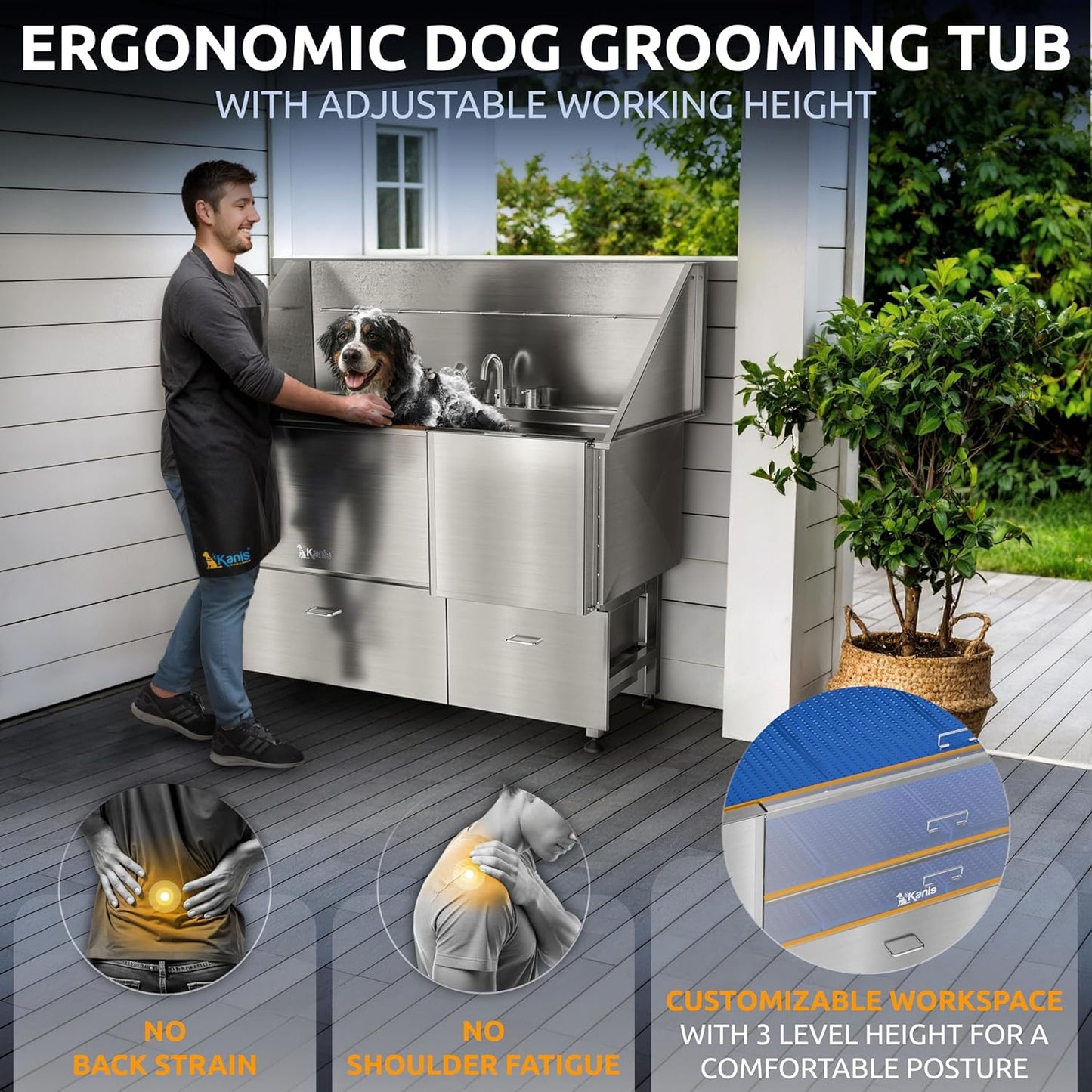 KANIS Professional Dog Washing Station - 304 Stainless Steel Pet Wash Sink & Grooming Bathtub w/Shower, Floor Grates and Storage for Large, Medium & Small Pets (61", 2 Drawers - Right Ramp)