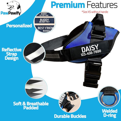 PawPawify Custom No Pull Dog Harness with Name and Phone Number, Heavy Duty Personalized Pet Vest to Prevent Tugging, Pulling, or Choking, Training and Walking (Blue, XS (Chest 14-17in))
