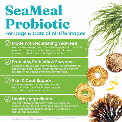 Solid Gold SeaMeal Cat Probiotic & Dog Probiotics for Digestive Health - Kelp Powder Dog & Cat Multivitamin Supplement w/Prebiotics & Digestive Enzymes for Skin, Coat, & Gut + Immune Support - 8oz