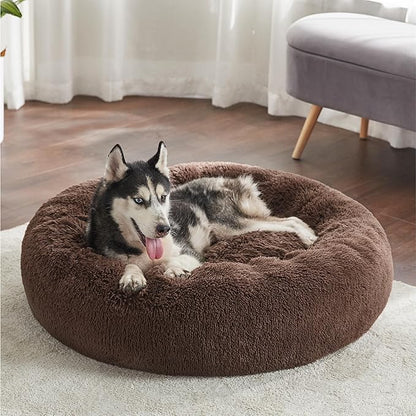 Bedsure Calming Dog Bed for Large Dogs - Donut Washable Large Pet Bed, 36 inches Anti-Slip Round Fluffy Plush Faux Fur Dog Bed, Fits up to 80 lbs Pets, Coffee