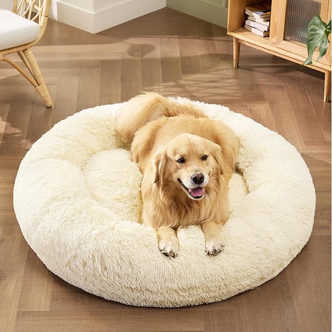 Bedsure Calming Dog Bed for Extra Large Dogs - Donut Washable Large Pet Bed, Anti-Slip Round Fluffy Plush Faux Fur Dog Bed, Fits up to 120 lbs Pets, Ivory Beige, 45 inches