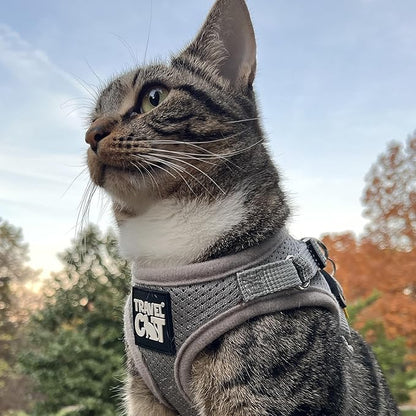 Travel Cat Harness and Leash Set - Adjustable Fit Mesh Cat Harness and Reflective Strap - Comfort Walking Vest for Kitten for Outdoor Walking, Hiking (Large, Grey)