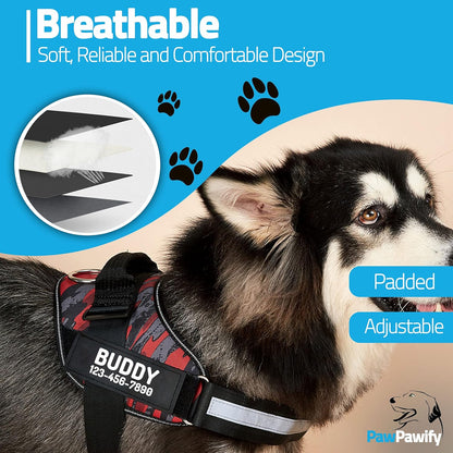 PawPawify Custom No Pull Dog Harness with Name and Phone Number, Heavy Duty Personalized Pet Vest to Prevent Tugging, Pulling, or Choking, Training and Walking (Camouflage Red, XXL (Chest 36-42in))