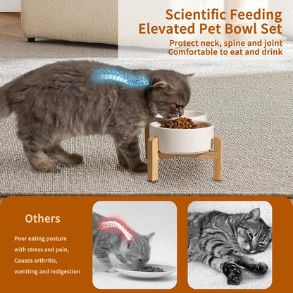Elevated Ceramic Dog Bowl Set - Raised Feeding Bowls with Non-Slip Bamboo Stand - Small Pet Dishes for Food and Water - Ideal for Cats and Puppies - 16.23 OZ - 2 Cups - 480 ML