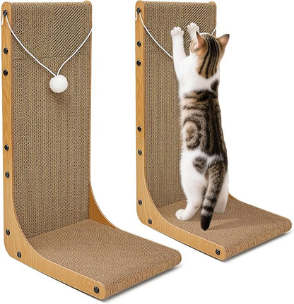 Value 2-Pack 23.6 Inch L-Shaped Cardboard Cat Scratcher, Dual Use (Vert/Horiz) Scratch Pad with Toy Balls, Wall-Mountable Furniture Protector Cat Scratchers for Indoor Cats, Couch & Wall