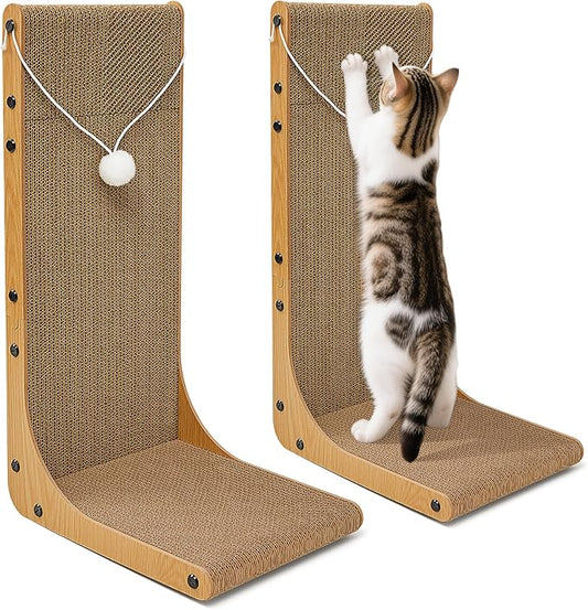 Value 2-Pack 23.6 Inch L-Shaped Cardboard Cat Scratcher, Dual Use (Vert/Horiz) Scratch Pad with Toy Balls, Wall-Mountable Furniture Protector Cat Scratchers for Indoor Cats, Couch & Wall