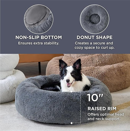 Bedsure Calming Dog Bed for Large Dogs - Donut Washable Large Pet Bed, 36 inches Anti-Slip Round Fluffy Plush Faux Fur Dog Bed, Fits up to 80 lbs Pets, Dark Grey
