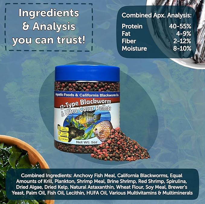 Aquatic Foods Inc. 12-Type Floating & Sinking California Blackworm & Coloring Pellets of 1mm, 2mm, 3mm Size for All Tropical Fish, Koi and Pond Fish, 4-Type Wafer Mix Included...10oz Canister