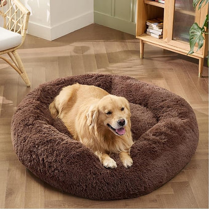 Bedsure Calming Dog Bed for Extra Large Dogs - Donut Washable Large Pet Bed, Anti-Slip Round Fluffy Plush Faux Fur Dog Bed, Fits up to 120 lbs Pets, Coffee, 45 inches