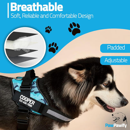PawPawify Custom No Pull Dog Harness with Name and Phone Number, Heavy Duty Personalized Pet Vest to Prevent Tugging, Pulling, or Choking, Training and Walking (Camouflage Blue, XS (Chest 14-17in))
