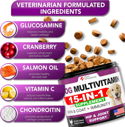 Dog Multivitamin Chewable with Glucosamine - Dog Vitamins and Supplements - Senior & Puppy Multivitamin for Dogs - Pet Joint Support Health - Immunity - Mobility - Energy - Gut - Skin - 120 Chews