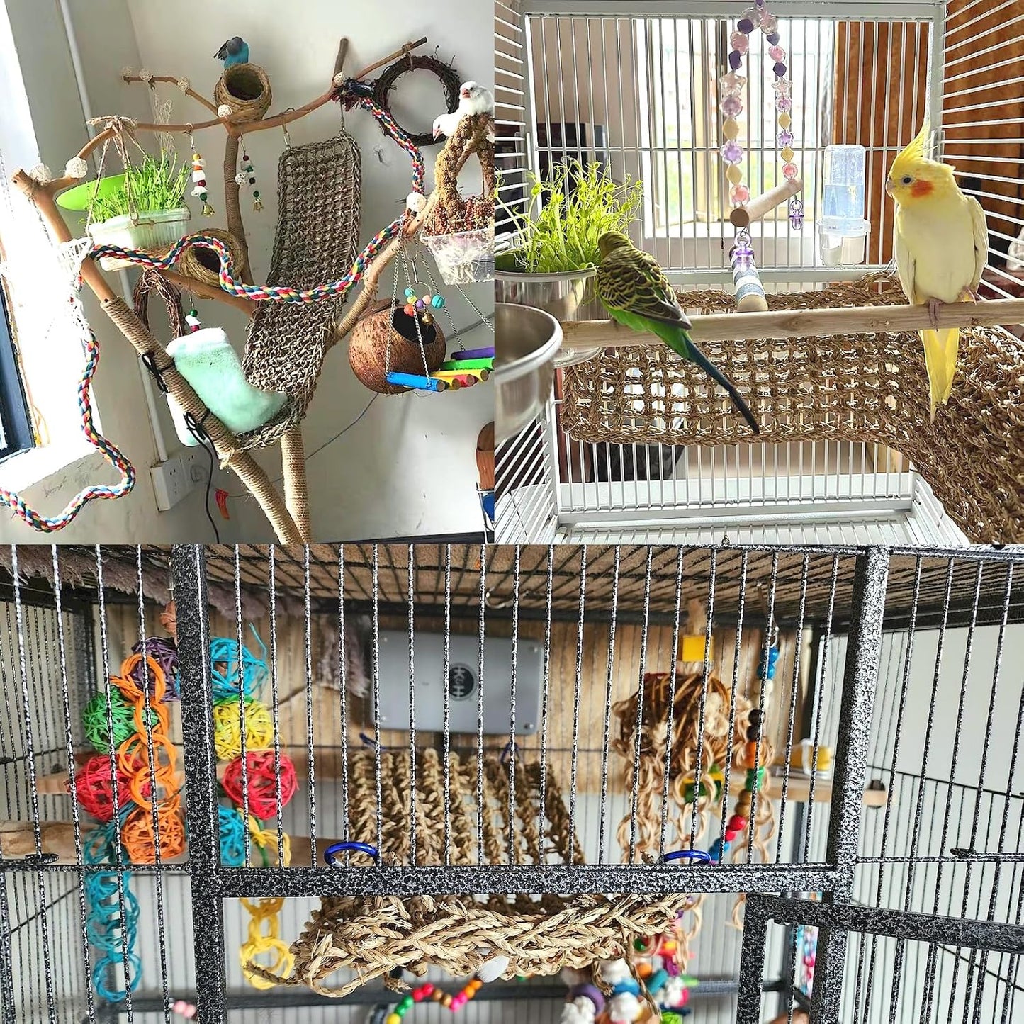 2Pcs Bird Seagrass Mat 20.5×8'' Natural Grass Woven Net Hammock Hanging on Cage Parakeet Climbing Rope Ladder Chew Toys for Lovebird Cockatiel Conure Budgie Cockatoo