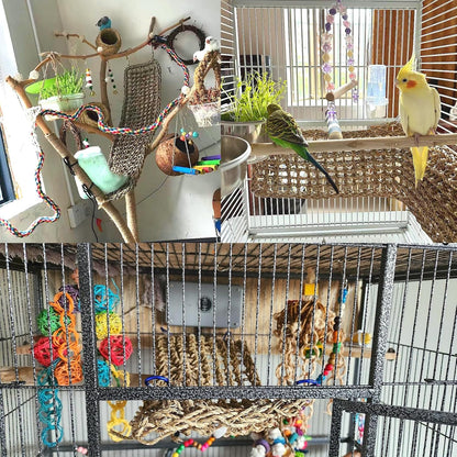 2Pcs Bird Seagrass Mat 20.5×8'' Natural Grass Woven Net Hammock Hanging on Cage Parakeet Climbing Rope Ladder Chew Toys for Lovebird Cockatiel Conure Budgie Cockatoo