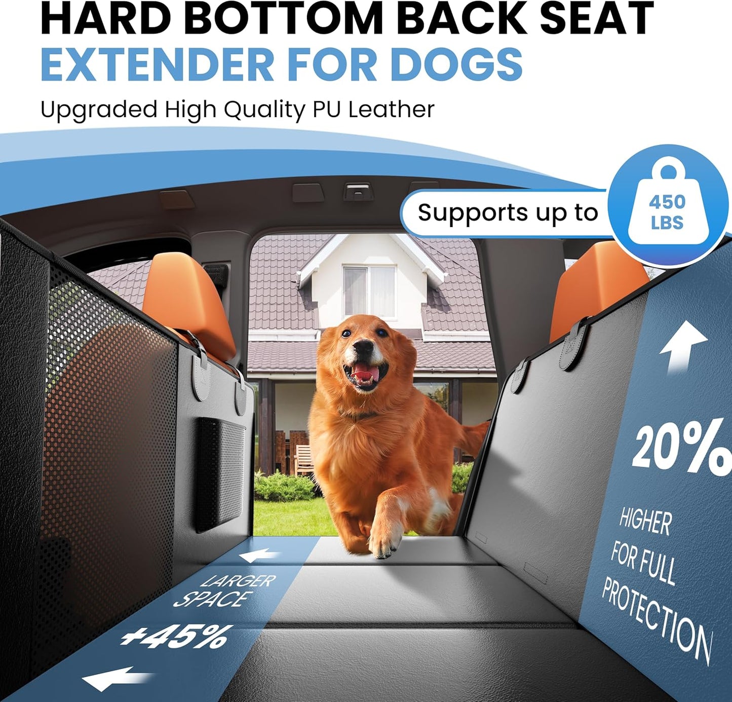 Dog Car Seat Cover for Back Seat, 7-Layers PU Leather Anti Scratch, 100% Waterproof Back Seat Extender for Dogs with Hard Bottom, Holds 450lbs，Non-Slip Dog Hammock for Cars Trucks and SUVs, Black