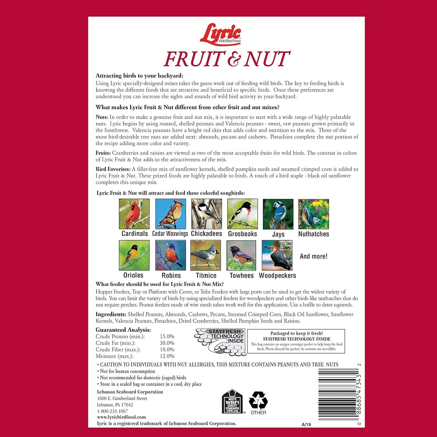 Lyric Fruit and Nut Wild Bird Seed, High Energy Wild Bird Food Mix, 20 lb. Bag