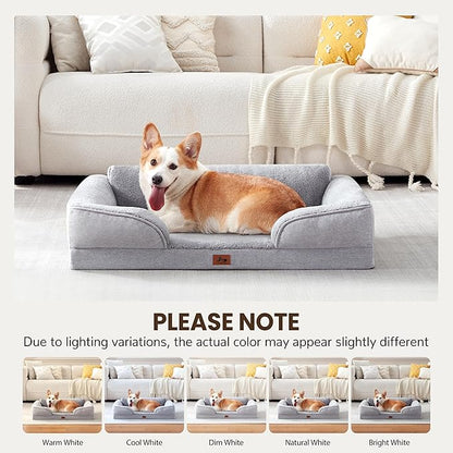 Orthopedic Dog Beds for Medium Size Dogs, Waterproof Egg-Crate Foam Pet Couch Bed with Soft Sides, Non-Slip Dog Sofa with Fleece Removable Washable Cover, 35"L Supportive Pet Sofa, Light Grey