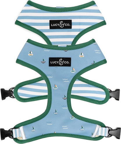 Lucy & Co. Set Sail Reversible Harness, Walking Halter - Best Designer Pet Harnesses for Large Dogs - Padded Adjustable Vest for Easy Walking, X-Large, Blue & White Stripes & Sailboats