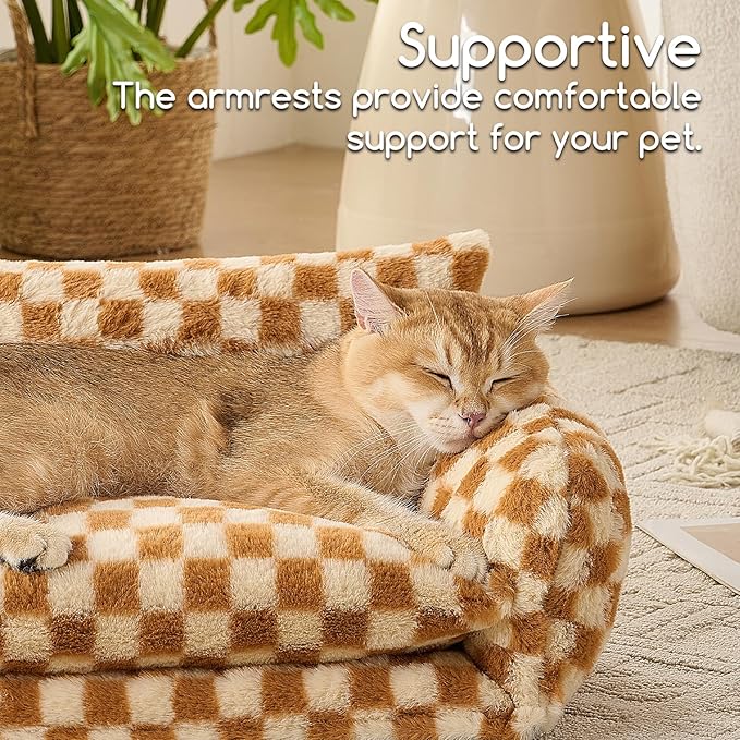 Hollypet Cat Bed Fluffy Plush Mutifuctional Double-Layer Soft Pet Couch Orthopedic Sofa Nest Beds for Small Cats and Dogs, Brown and Light Yellow (21x15x8 inch)