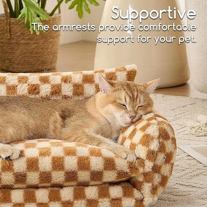 Hollypet Cat Bed Fluffy Plush Mutifuctional Double-Layer Soft Pet Couch Orthopedic Sofa Nest Beds for Small Cats and Dogs, Brown and Light Yellow (21x15x8 inch)