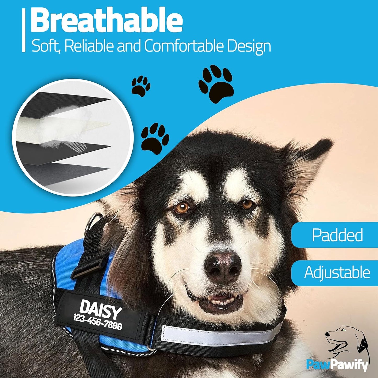 PawPawify Custom No Pull Dog Harness with Name and Phone Number, Heavy Duty Personalized Pet Vest to Prevent Tugging, Pulling, or Choking, Training and Walking (Blue, S (Chest 16-21in))