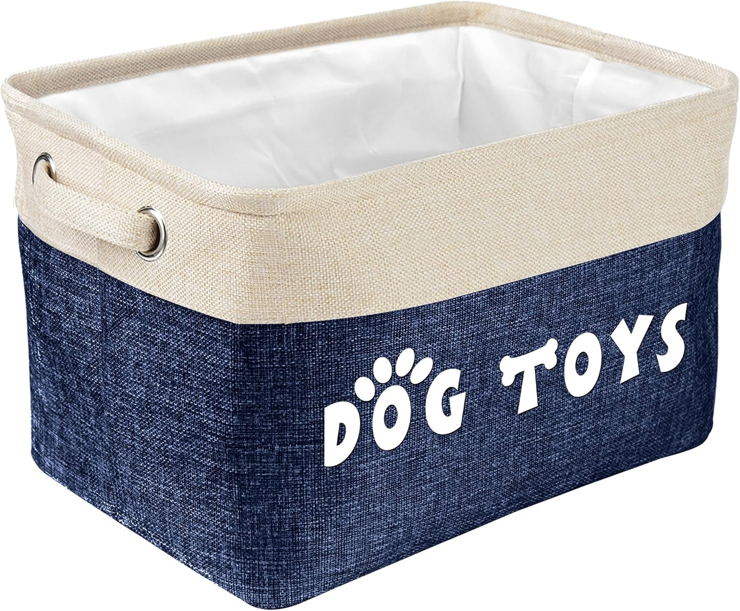 PET ARTIST Dog Toy Basket, Collapsible Dog Toy Bin Box with Comfortable Handles, Large Pet Toy Storage Basket Organizer for Accessories, Toys, Coat & Clothing, Blanket & Leash, Navy Blue, 15"x11"x9"