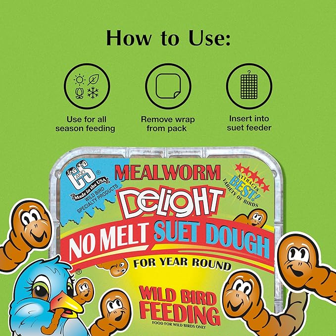 C&S Mealworm Delight No Melt Suet Dough, Suet Cakes for Wild Birds, 11.75 Ounces, Pack of 8
