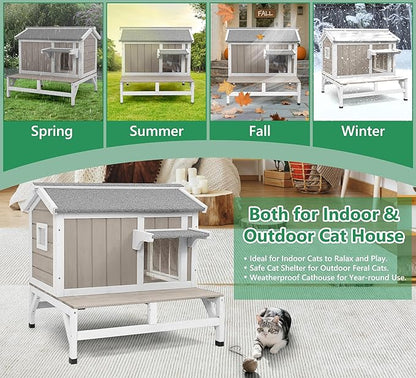 Cat House Outdoor Weatherproof Cat Shelter for Outside Ferals Cats with Waterproof Openable Roof & 8.3" Platform, Balcony Wooden Pet Houses for 1-3 Small Animals