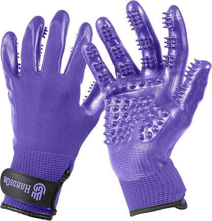 H HandsOn Pet Grooming Gloves - Patented #1 Ranked, Award Winning Shedding, Bathing, & Hair Remover Gloves - Gentle Brush for Cats, Dogs, and Horses (Mono Purple, Junior)