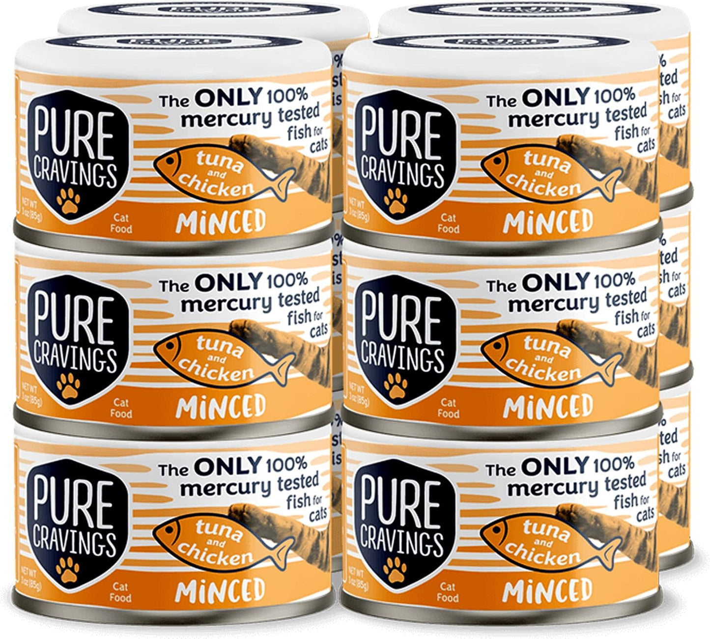 Pure Cravings Minced Tuna and Chicken Wet Canned Cat Food, 100% Mercury-Tested, Moist Can Fish for Cats, Grain-Free, Protein, Non-GMO, 3oz, Pack of 12