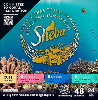 Sheba Perfect Portions Wet Cat Food Cuts in Gravy Variety Pack, with Sustainable Salmon, Tender Trout Entree, and with Sustainable Tuna, 2.6 oz. Twin-Pack Trays (24 Count, 48 Servings)