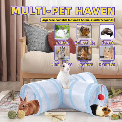 Bunny Tunnels & Tubes Collapsible 3 Way Rabbit Hideout with 13pcs Toys for Bunny Guinea Pig Hamster Chinchilla Hedgehog Rat Ferret Kitten (GY&BU)