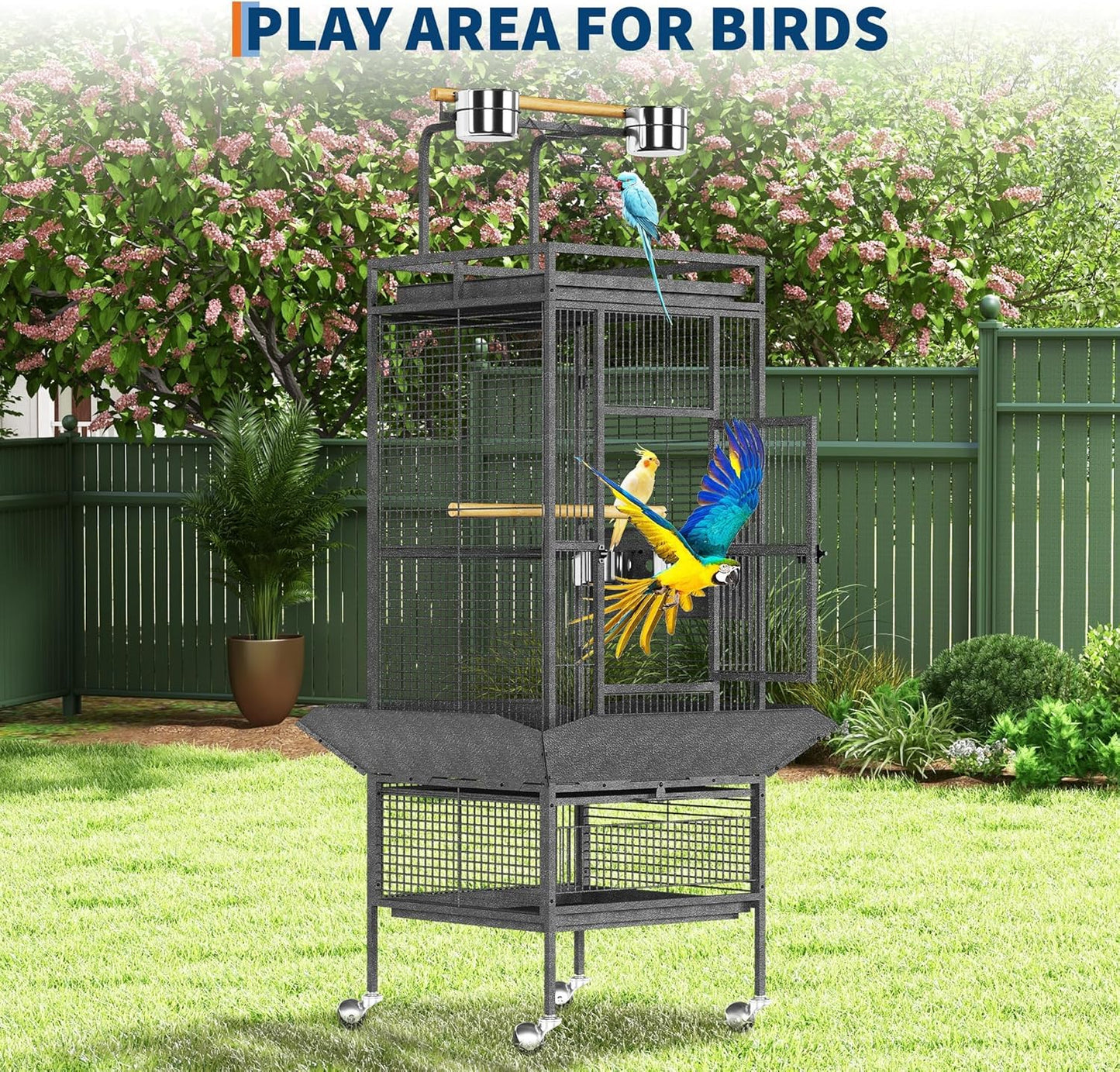Large Bird Cage 61-inch Playtop Metal Bird Cages with Rolling Stands, Feed Bowls for Parakeets, Conures, Parrot Cage for Medium Large Parrot Cage with Slide-Out Tray Seed Guard, Black