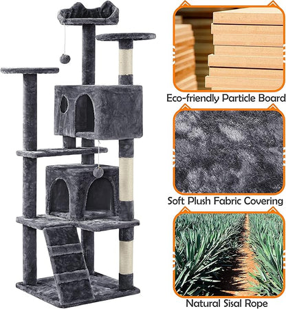 Yaheetech Cat Tree Tower, Multi-Level Large Plush Condo Cat Furniture with Sisal Scratching Posts and 2 Danglinge Balls Gray