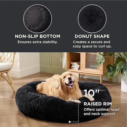 Bedsure Calming Dog Bed for Extra Large Dogs - Donut Washable Large Pet Bed, 45 inches Anti-Slip Round Fluffy Plush Faux Fur Dog Bed, Fits up to 120 lbs Pets, Black