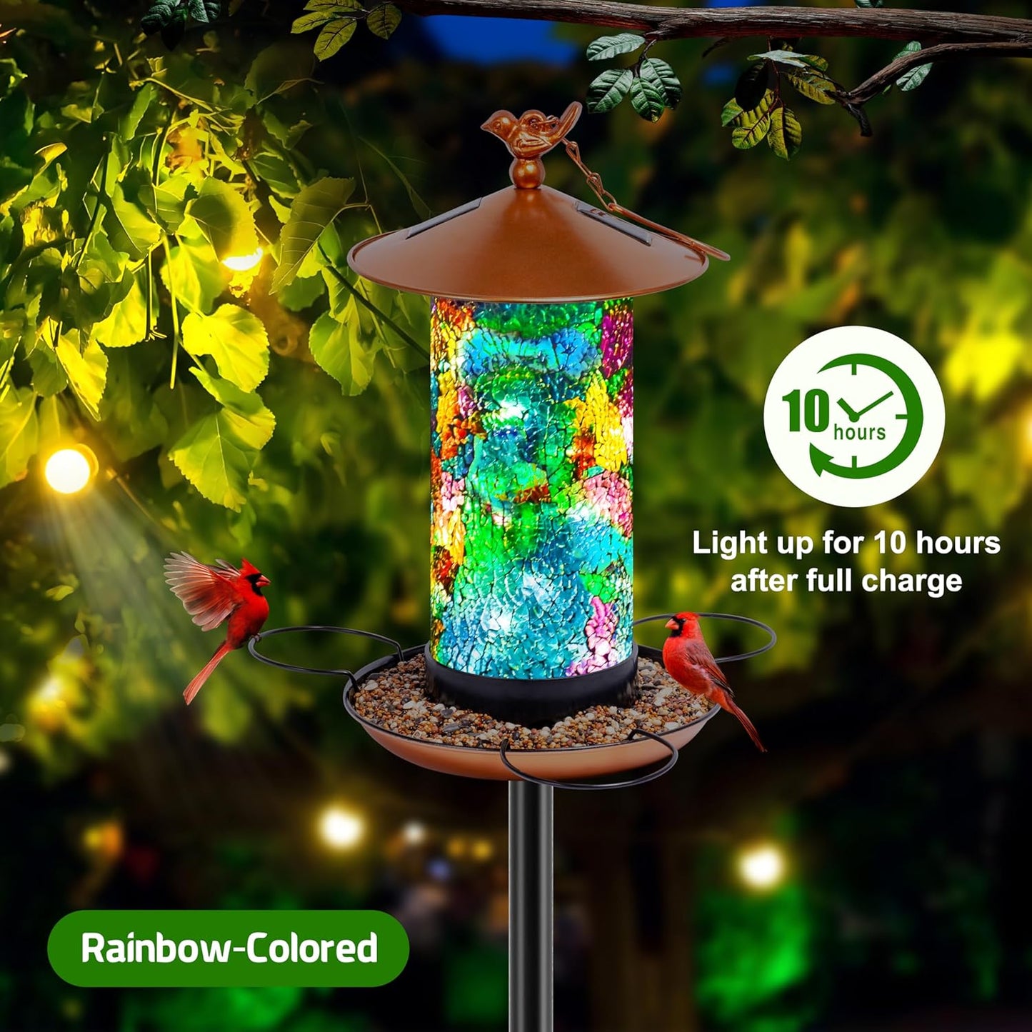 XDW-GIFTS Mosaic Solar Wild Bird Feeder with Pole Kit, Waterproof Lantern Design with Adjustable Heavy-Duty Bird Feeder Post for Outside, Garden- Unique Gifts for Mom,Women, Grandma,Bird Lovers