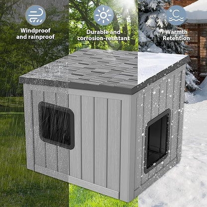 Outdoor Cat House, Cat Houses for Outdoor Indoor Cats, Clawsable Cat House Weatherproof, Feral Cat Shelter, Resin Insulated Material, Emergency Exit Easy to Clean and Install, Black