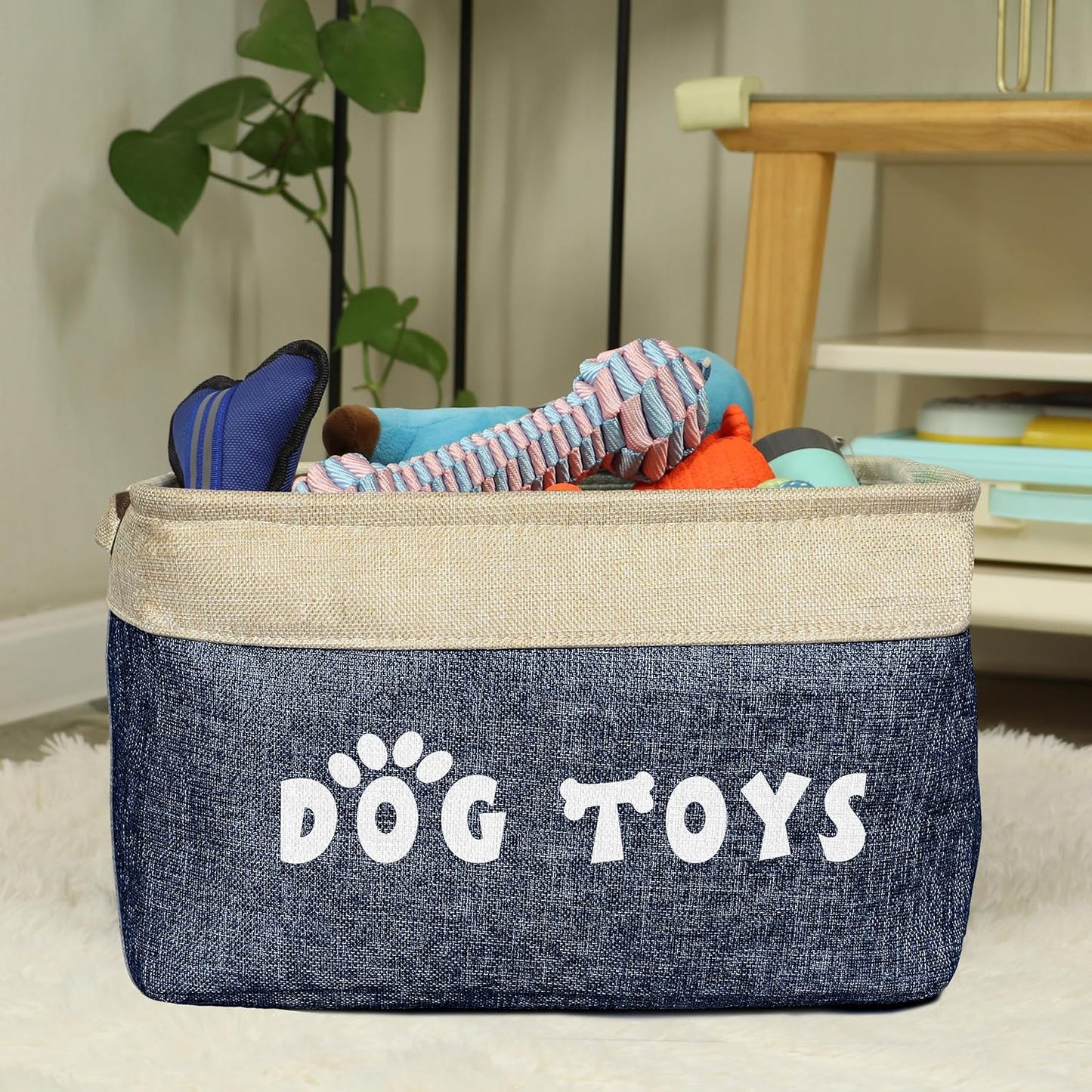 PET ARTIST Dog Toy Basket, Collapsible Dog Toy Bin Box with Comfortable Handles, Large Pet Toy Storage Basket Organizer for Accessories, Toys, Coat & Clothing, Blanket & Leash, Navy Blue, 15"x11"x9"