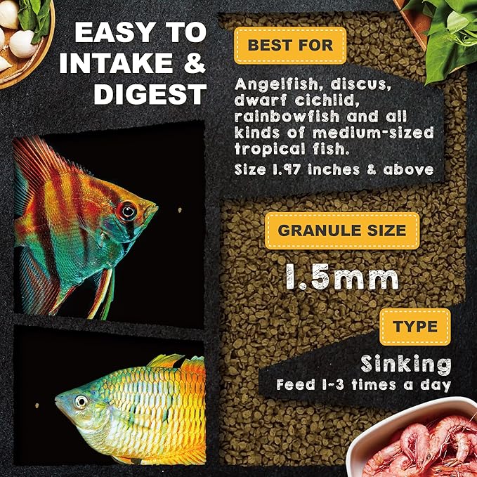 Ultra Fresh Tropical Fish Food, Wild Sword Prawn, Natural Color Enhancement, Slow Sinking Pellet for Discus, Angelfish, Medium Sized Cichlids and Fish, Tropical Excellent Bits 4.6 oz
