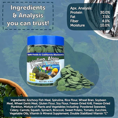 Aquatic Foods Inc. 12mm - 1/2" Small Sinking Wafers of Spirulina, Algae & Veggies for Plecos, Catfish, Shrimp, Snails, Crabs, Crayfish, 12-Type Pellet Mix & 4-Type Wafer Mix Included...19.0oz Canister