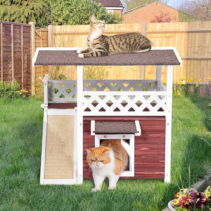Petsfit Outdoor Cat House Weatherproof, Wooden Outside Feral Cat Shelter with Scratch, 2 Story Cat Houses for Indoor Cats Small Dogs with Escape Door(Red)