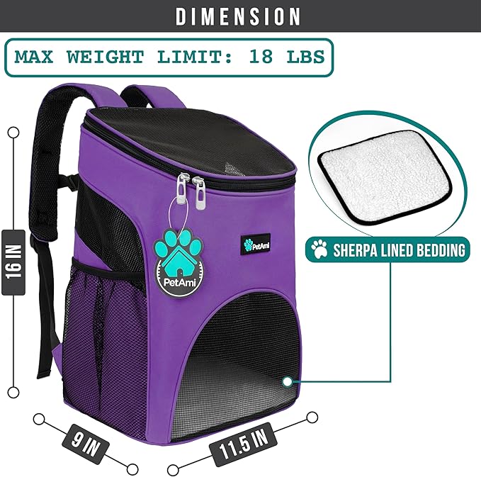 PetAmi Small Dogs and Cat Backpack Carrier, Airline Approved Pet Backpack Carrier, Ventilated, Safety Strap, Buckle Support Designed for Hiking Travel Camping Outdoor, Max 18 lbs (Purple)