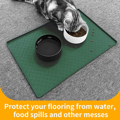 Ptlom Pet Placemat for Dog and Cat, Waterproof Silicone Pet Feeding Bowl Mats for Food and Water, Small Medium Large Dogs Mat Prevent Residues from Spilling to Floor, Hunter Green, 18" 12"