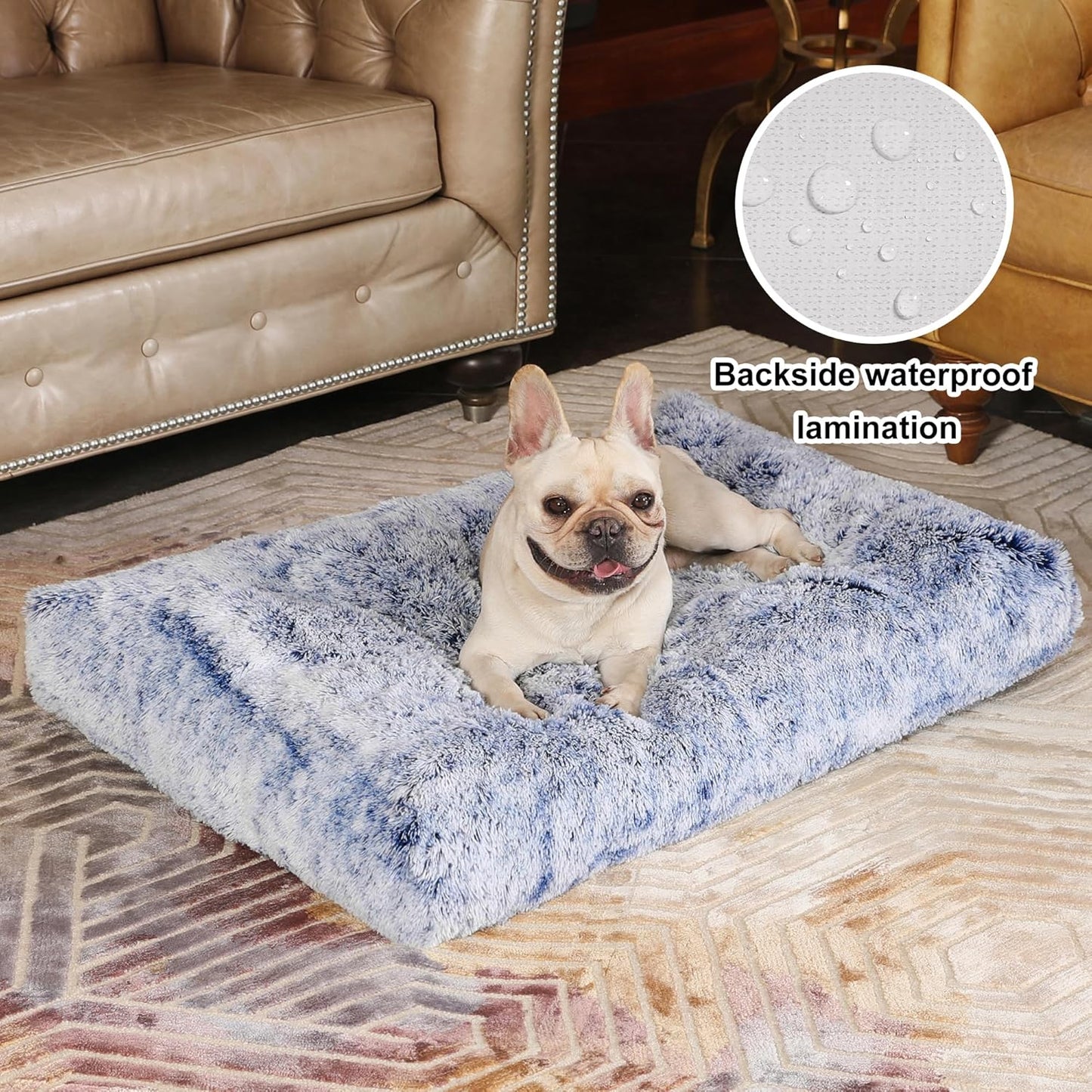 Bedfolks Plush Dog Crate Bed, Washable Cover, Faux Fur, Large, 35"x23", Dark Blue
