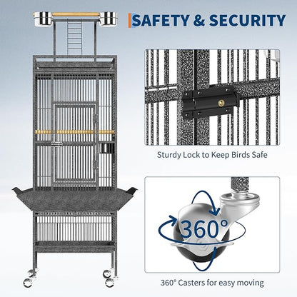 61-Inch Large Parrot Bird Cages with Rooftop Playground, Rolling Caster Wheels, Wrought Iron Birdcage for Small Medium Parrots, Macaws, Cockatoos – Indoor/Outdoor Use for Homes, Aviaries