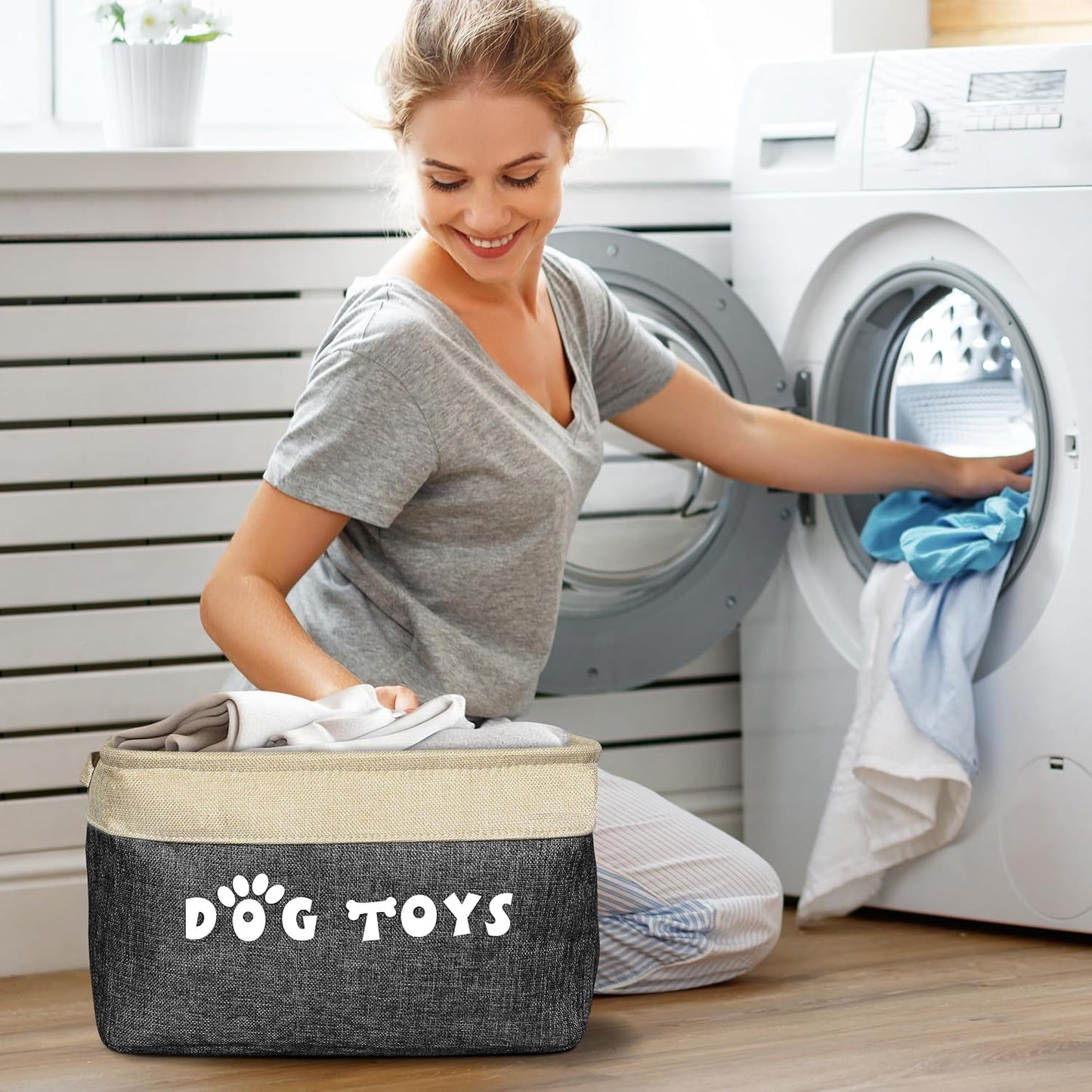 PET ARTIST Dog Toy Basket, Collapsible Dog Toy Bin Box with Comfortable Handles, Large Pet Toy Storage Organizer for Accessories, Toys, Coat & Clothing, Blanket & Leash, Black, 15"x11"x9"