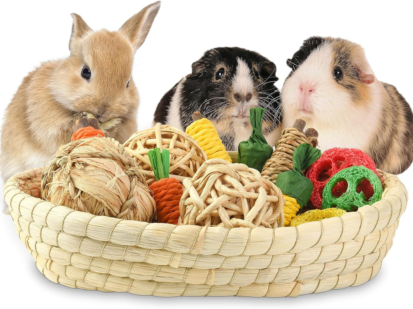 Rabbit Toys 13Pcs, Natural Hay Hamster Chew Toys for Teeth, Handmade Apple Wood Sticks Guinea Pig Bunny Toys Bunny Bed