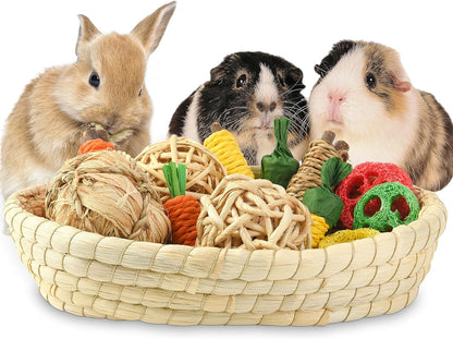 Rabbit Toys 13Pcs, Natural Hay Hamster Chew Toys for Teeth, Handmade Apple Wood Sticks Guinea Pig Bunny Toys Bunny Bed