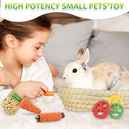 Rabbit Toys 13Pcs, Natural Hay Hamster Chew Toys for Teeth, Handmade Apple Wood Sticks Guinea Pig Bunny Toys Bunny Bed