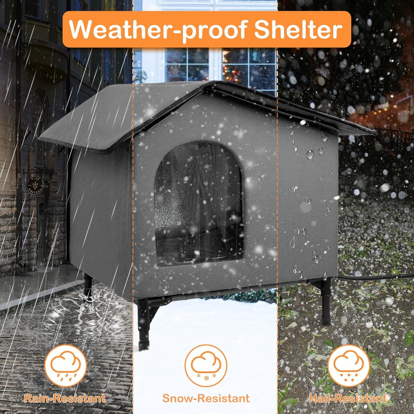 Heated Cat House for Outside/Indoor Cats in Winter,Elevated Outdoor Cat House with Heating Pad Bed,Weatherproof Feral Cats Shelter with Soft Mat (Heat Gray)