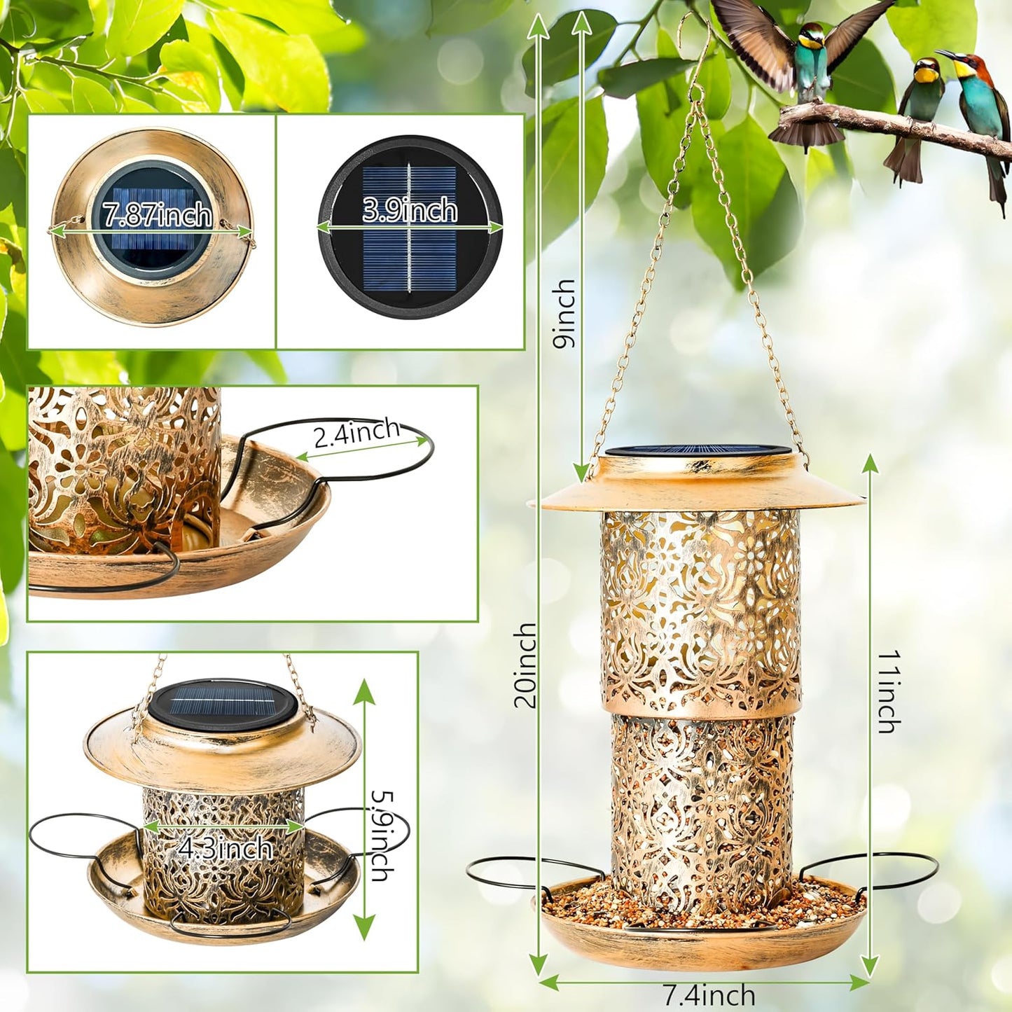 XDW-GIFTS Bird Feeder for Outdoors Solar Hanging Bird Feeder Bird House with Cardinal Feeder Large Capacity Metal Wild Bird Feeder for Garden Decor Unique Gifts & Patio Decor (Bronze, 10.5 INCH)